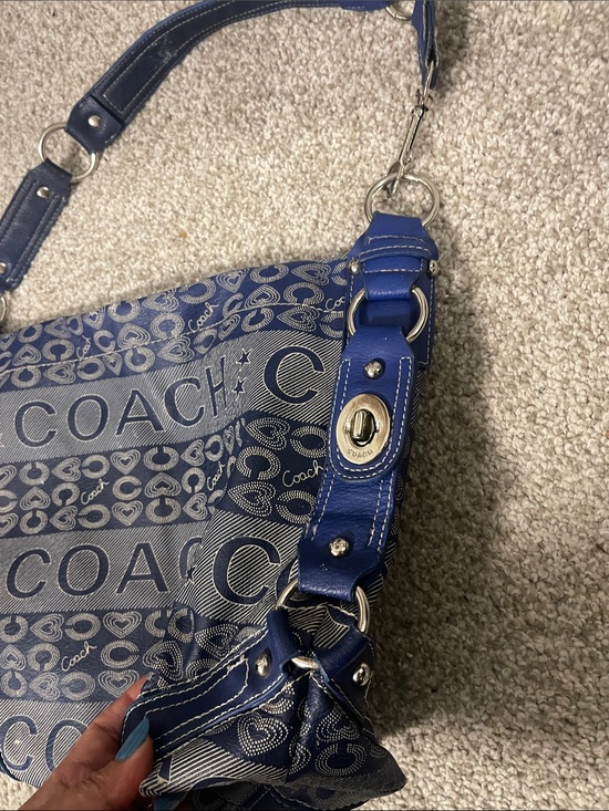 Coach Navy Signature Canvas Shoulder Bag with Leather Trim